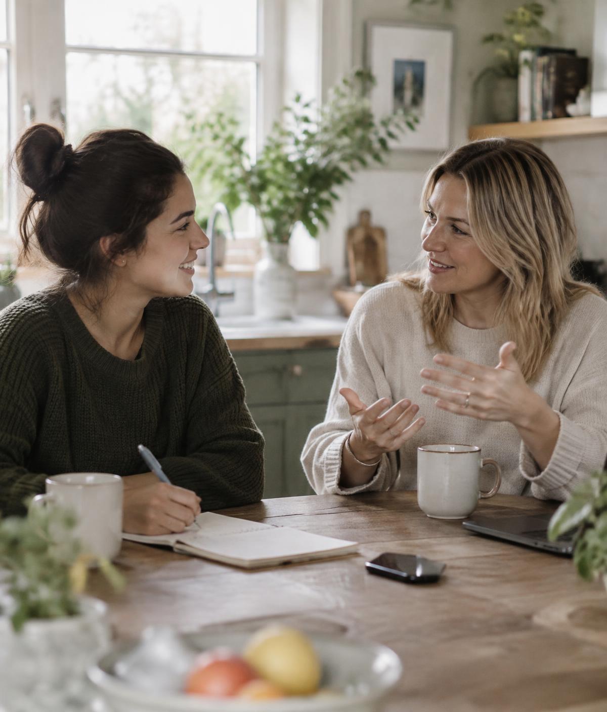 Dos mujeres conversando con calma en la mesa de una cocina luminosa